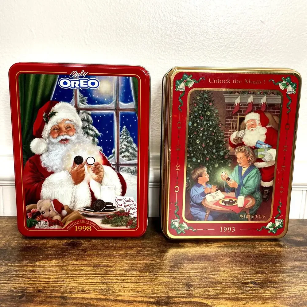 Oreo Cookie Santa Tins Box Vintage 1993 1998 Christmas Holiday Nabisco USA